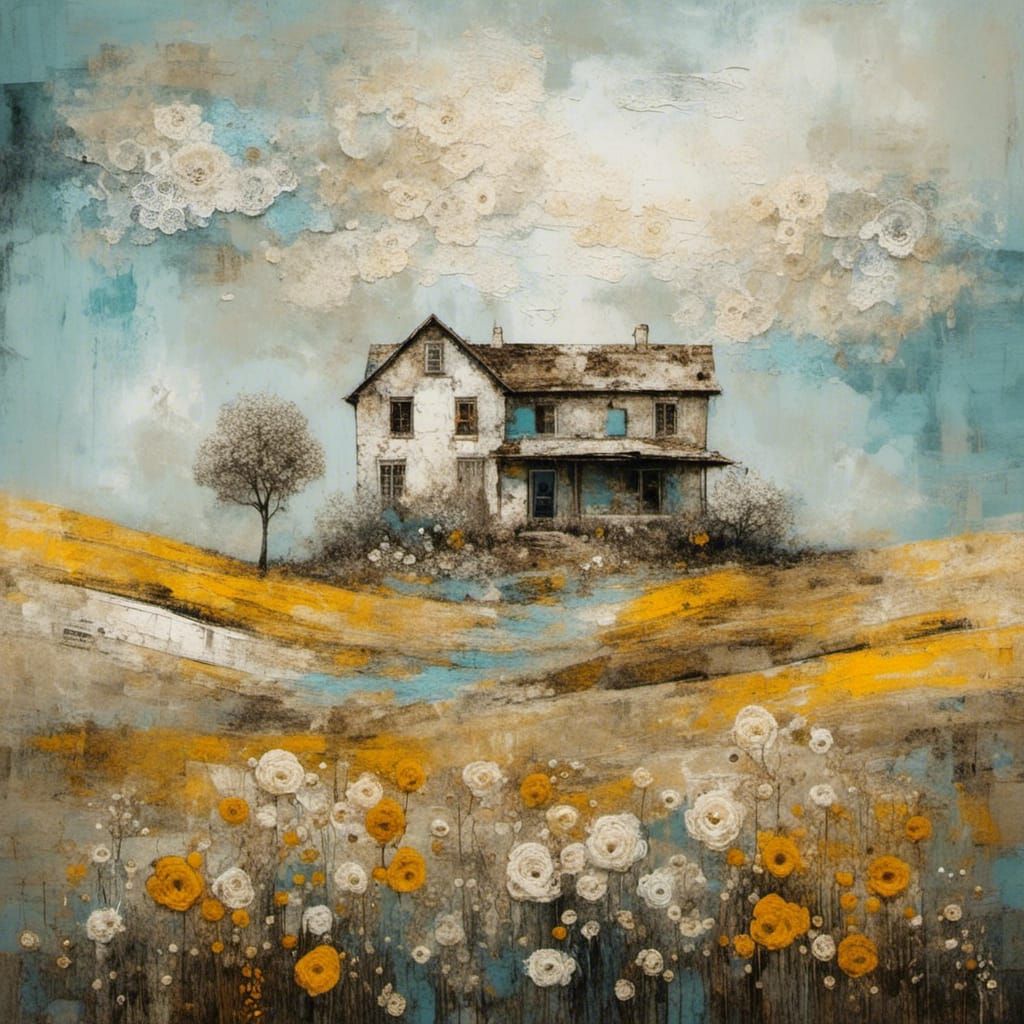 Abstract Farmhouse Landscape with Floral Foreground