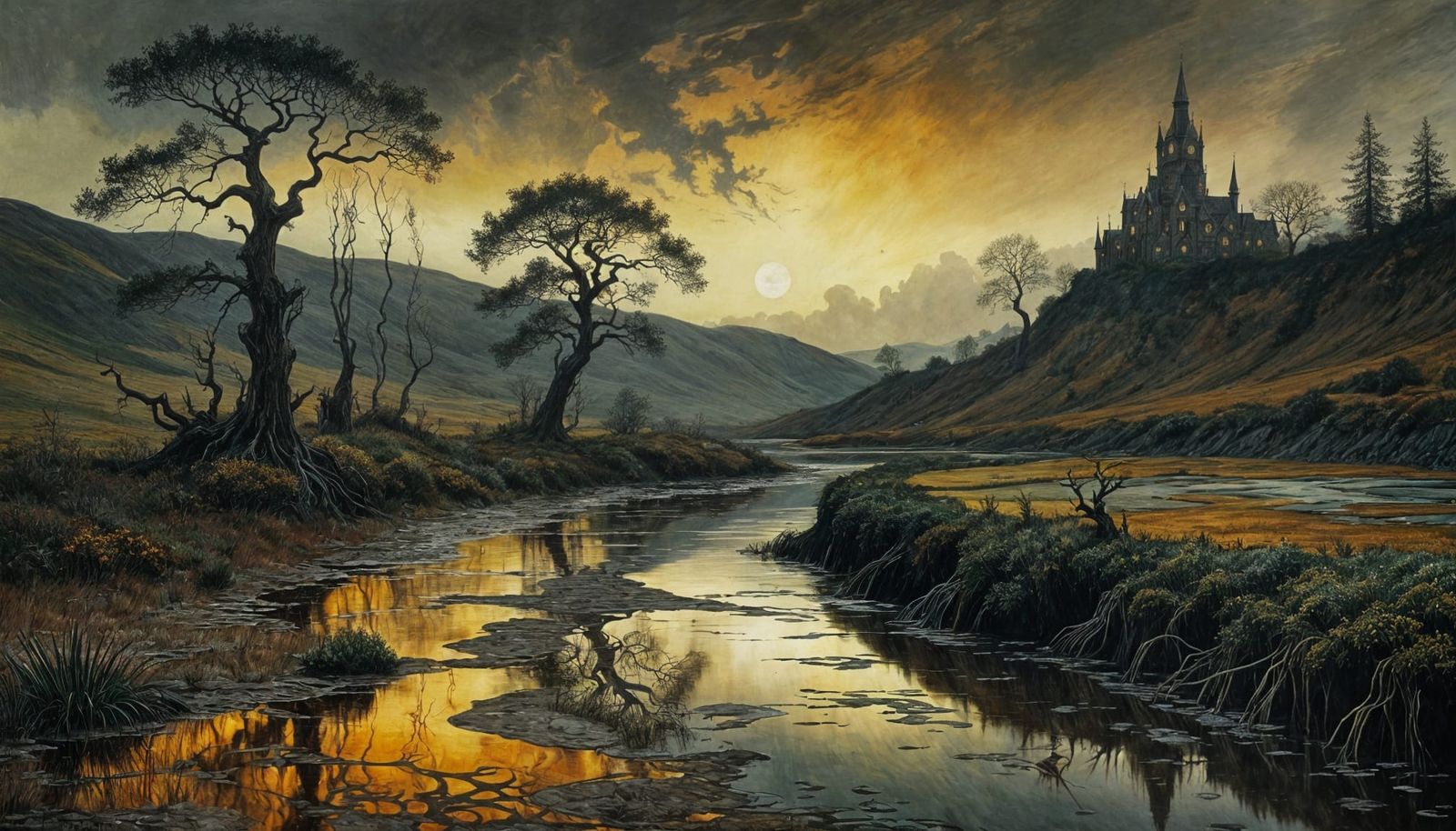 Surreal Landscape with Metallic Hues and Biomorphic Forms