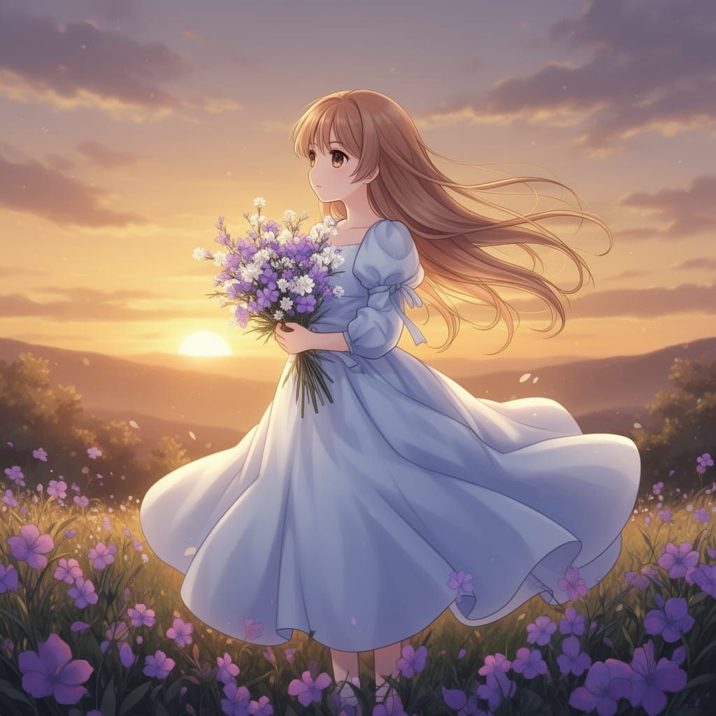 Anime Girl in Serene Sunset Landscape with Flower Bouquet