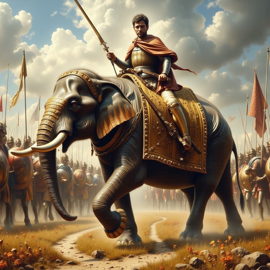 Hannibal's Armored War Elephant Battling Roman Legion