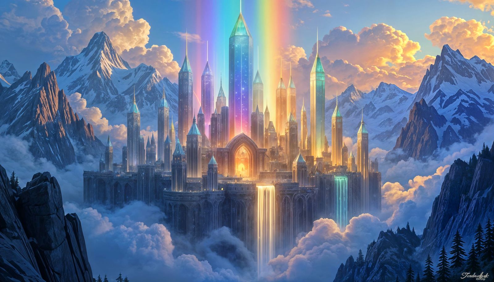 Prismatic Elven City Above Clouds in Rainbow Light