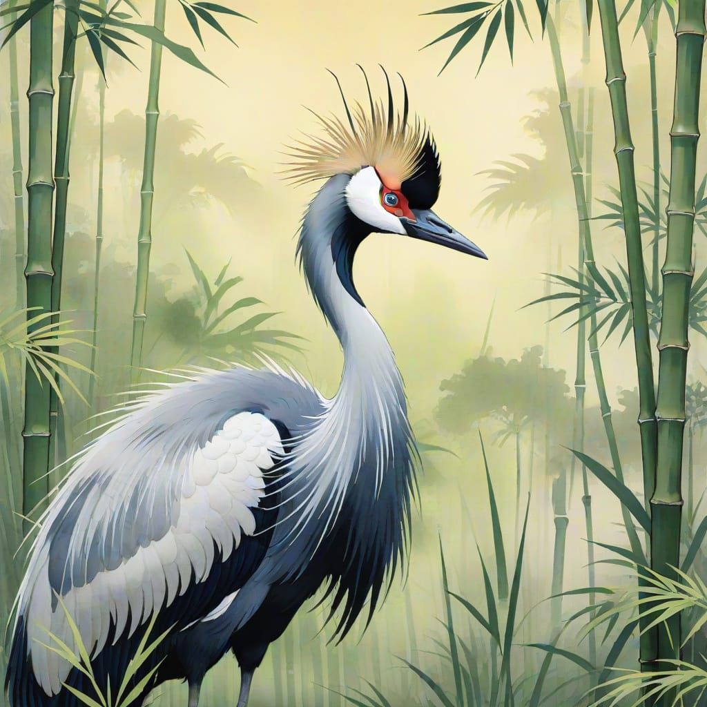 Crowned Crane in Bamboo Forest: Ukiyo-e Print
