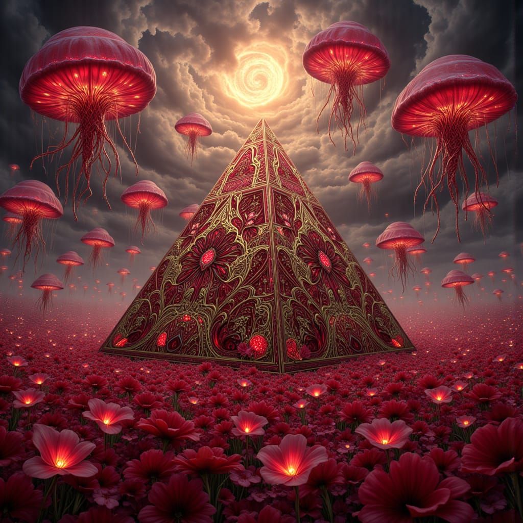 Crimson Pyramid with Bioluminescent Jellyfish