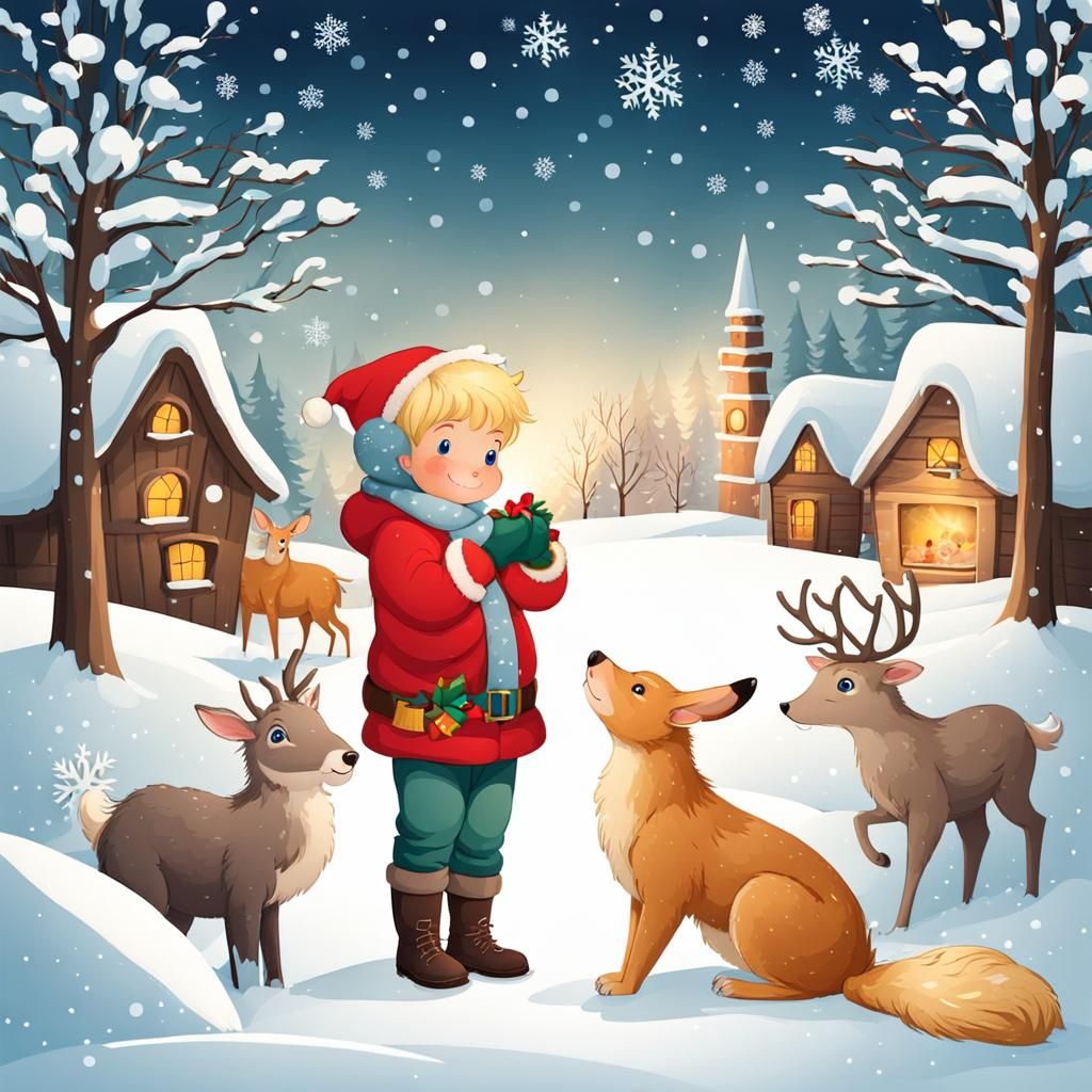 Festive Christmas Card with Boy, Snow, and Animals
