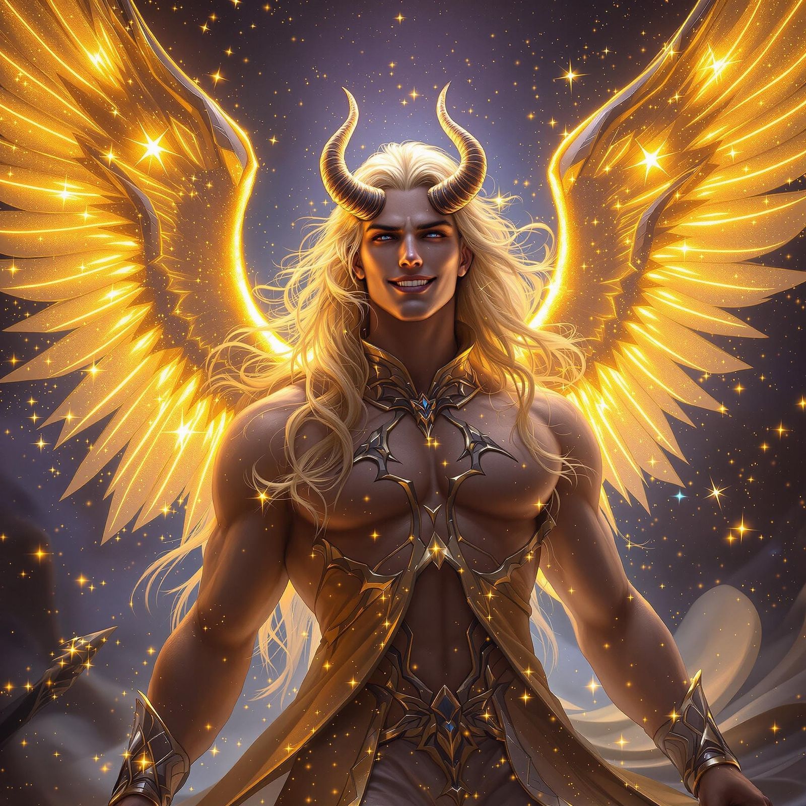 Regal Androgynous Angel with Golden Starlight Wings and Eleg...
