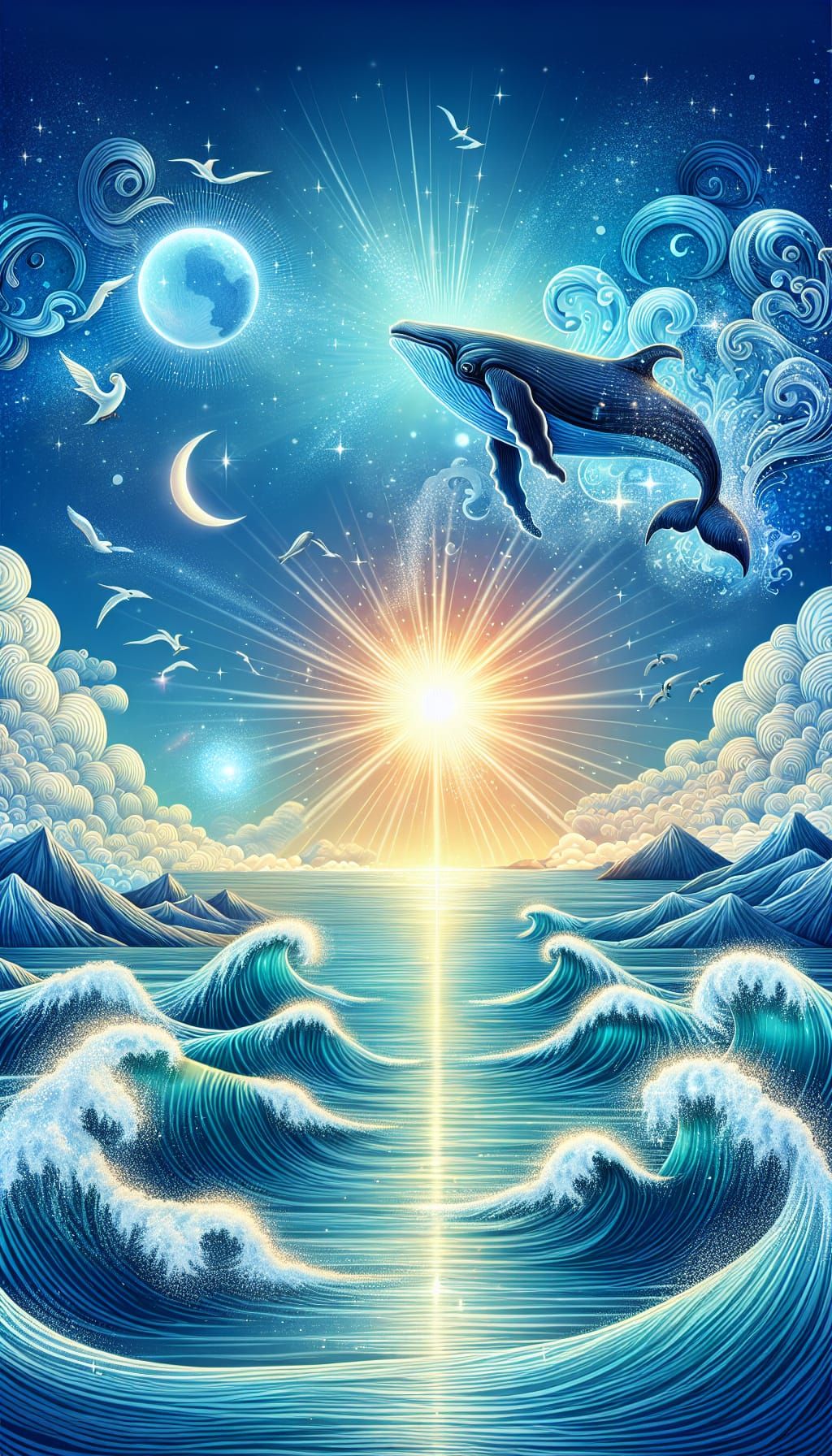 Magical Ocean Scene with Whale and Sparkling Waves