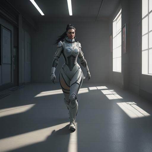 Confident Woman Striding Through Male-Dominated Space