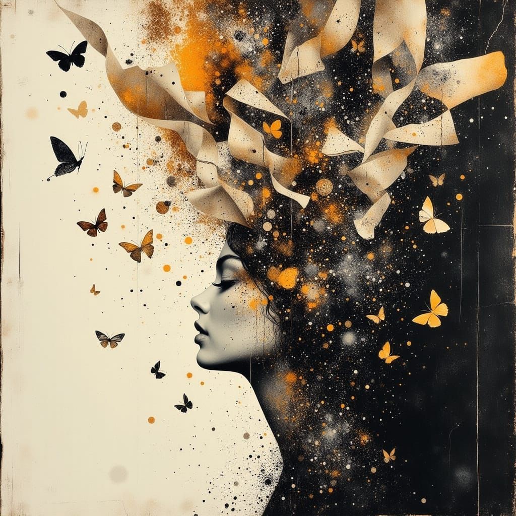 Surreal Lips Spilling Music Scores as Mixed Media Art