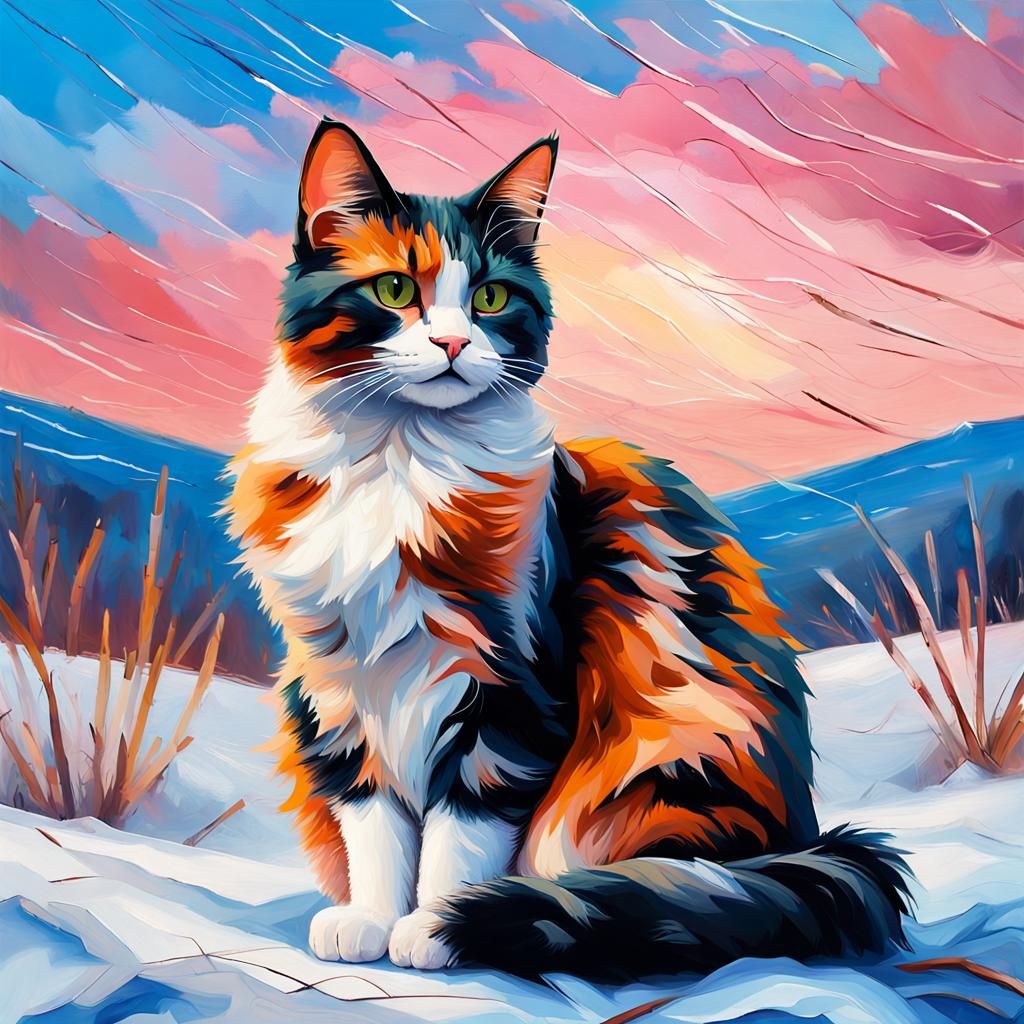 Calico Cat in Winter Field: Expressionist Oil Painting