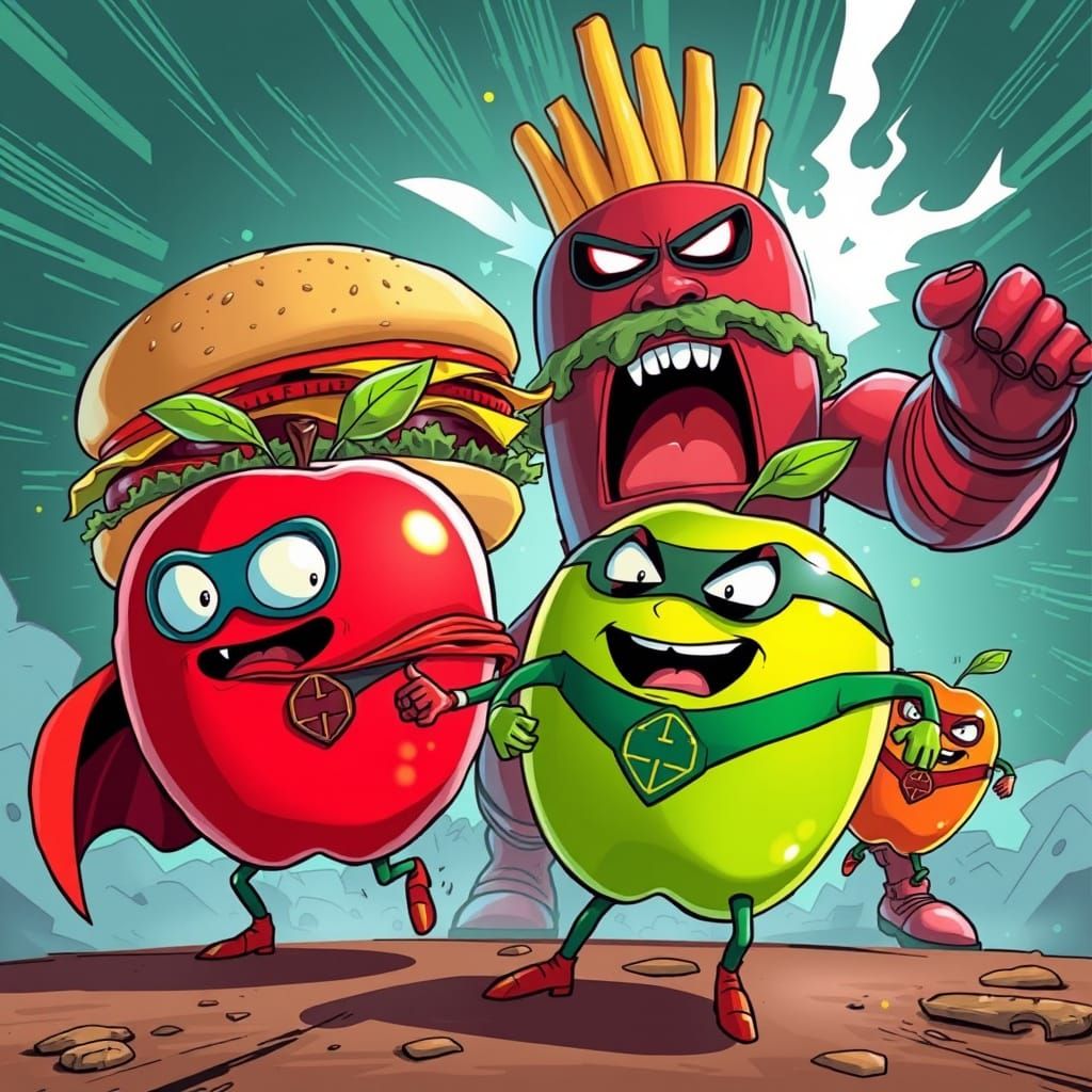 Vibrant Comic Book Art of Superhero Apples vs Evil Fast Food