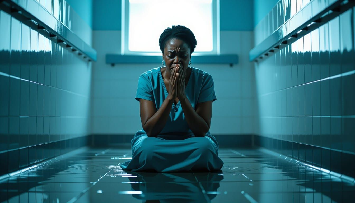 Woman in Despair on Hospital Bathroom Floor