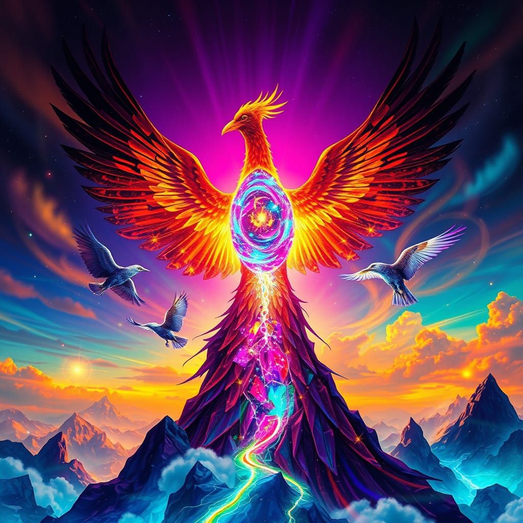 Surreal Phoenix in Iridescent Hues with Radiant Core and Shi...