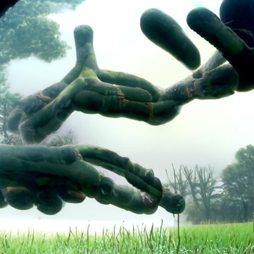 Surreal Arms Emerge from Foggy Field