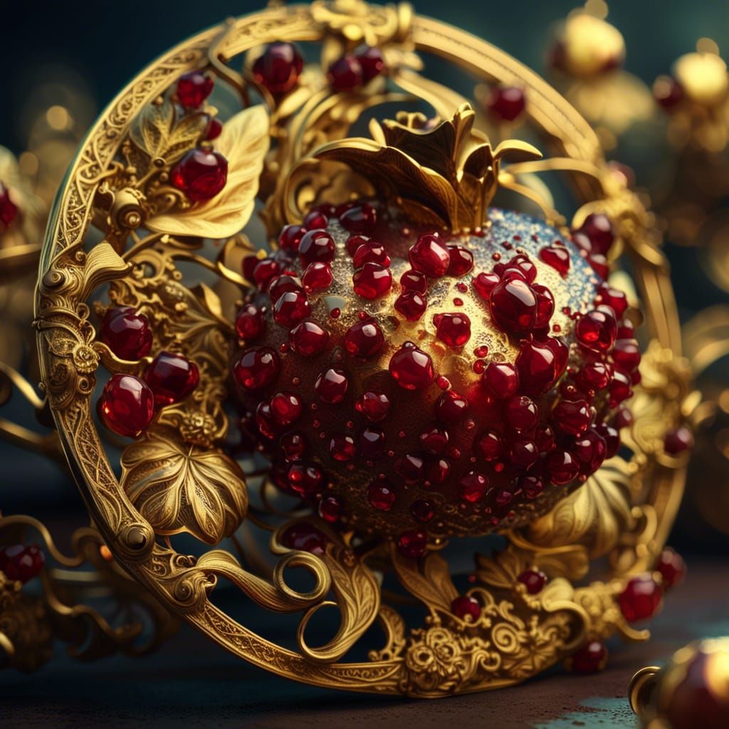 Garnet Pomegranate Gold Brooch: Maximalist Digital Art