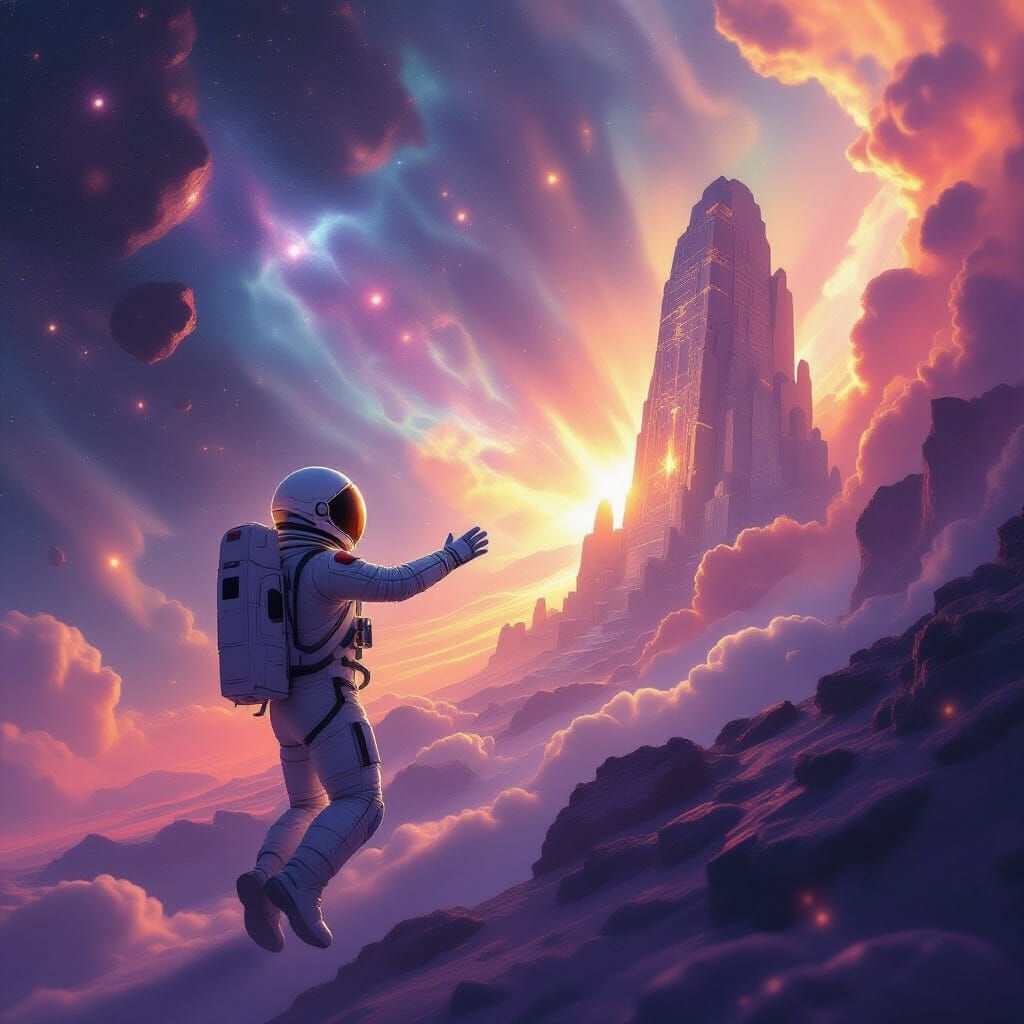 Astronaut Reaches Crystal Ruin in Cosmic Nebula