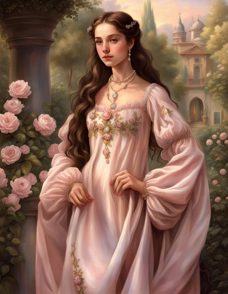 Renaissance Woman in Golden Gown in Garden