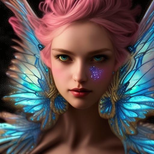Teal Winged Fairy with Pink Makeup, Digital Art