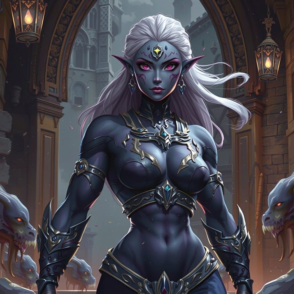 Muscle-bound Drow Sorceress in Dynamic Dark Fantasy
