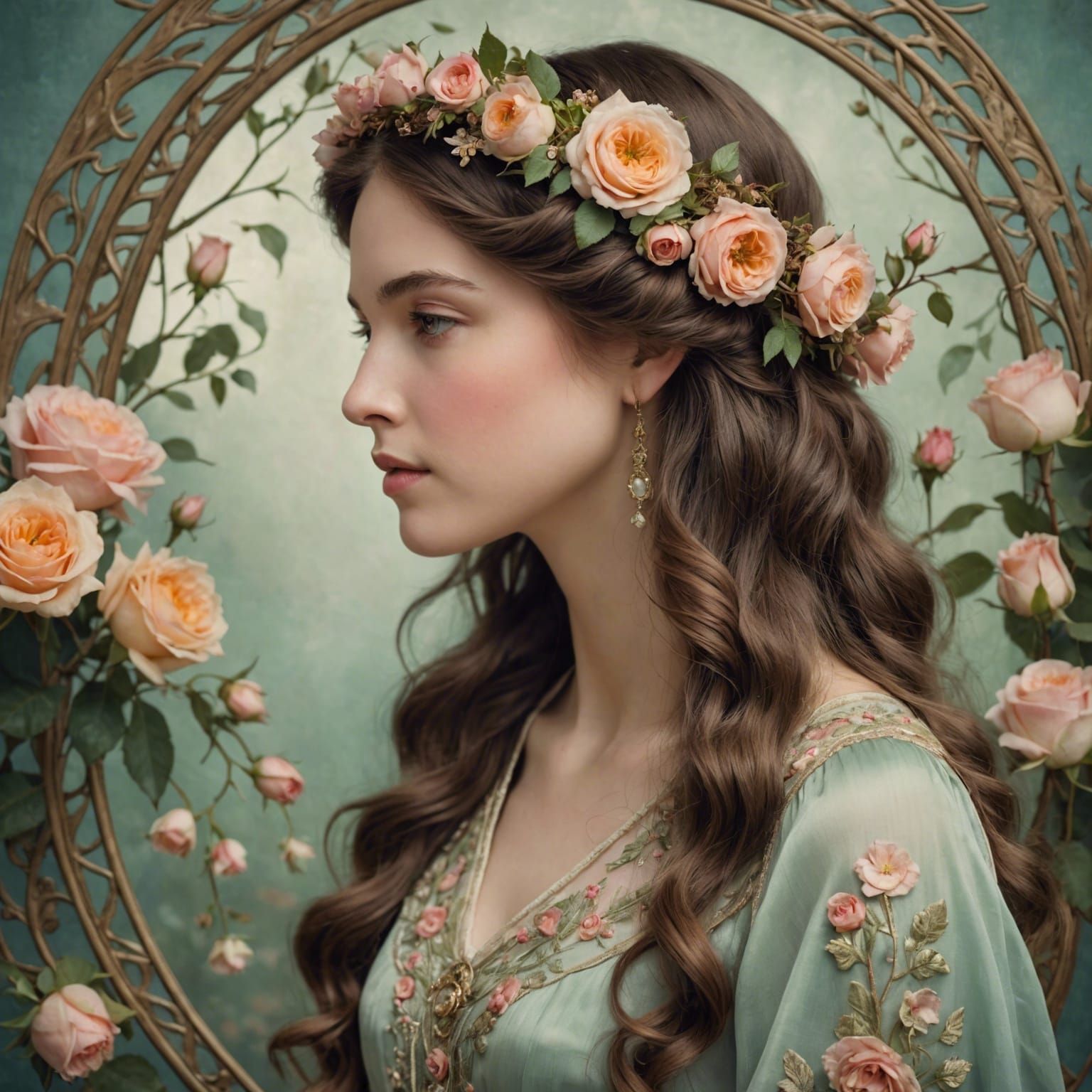 Ethereal Woman with Floral Wreath in Art Nouveau Style