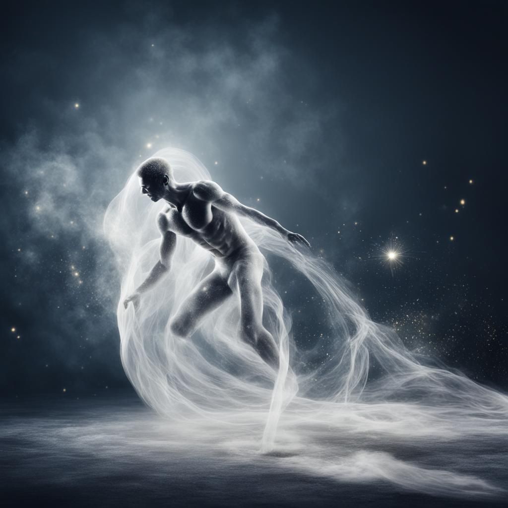 Human, he is from fog, made by dust, gold glowing, particles...