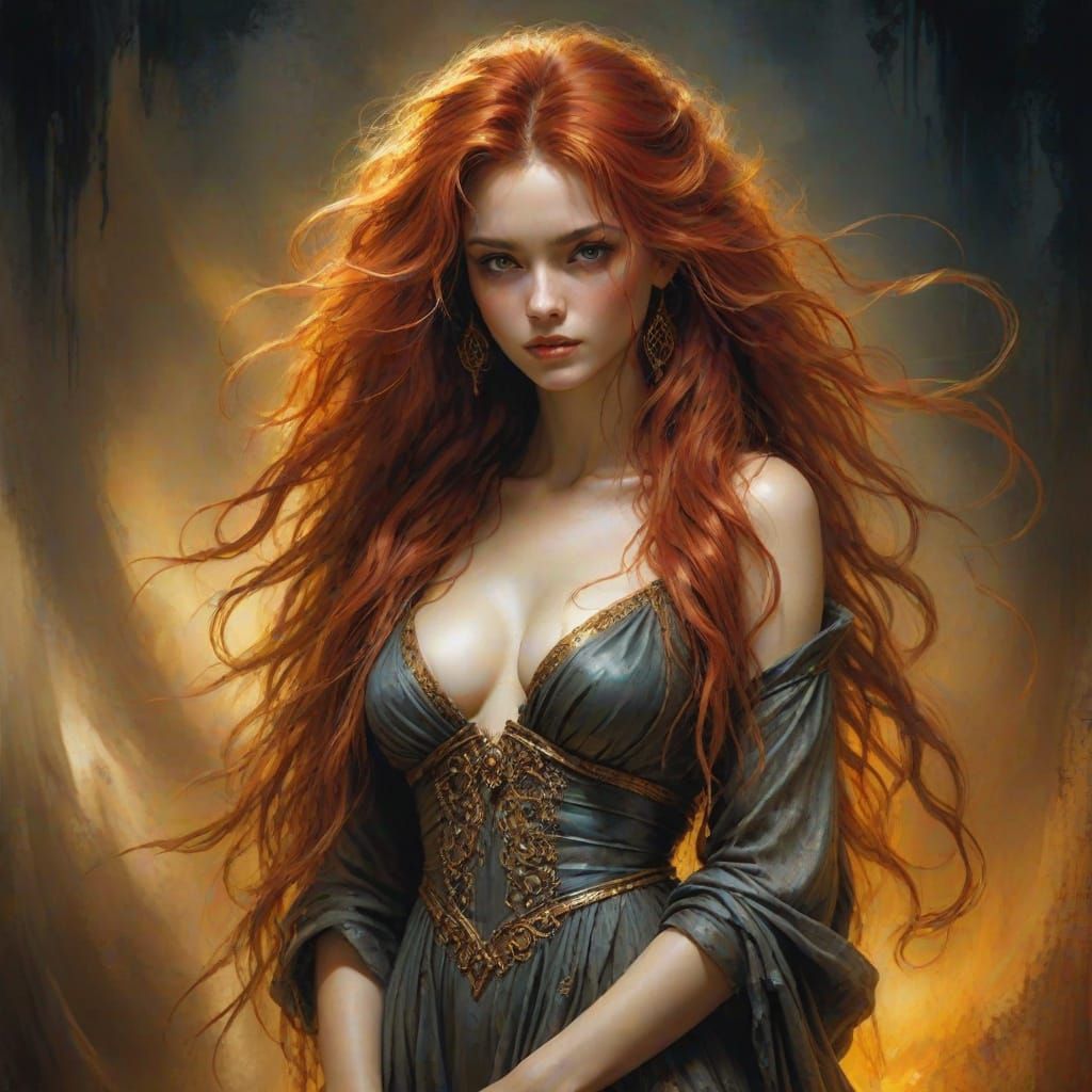 Shy Woman with Red Hair in Oil Painting Style