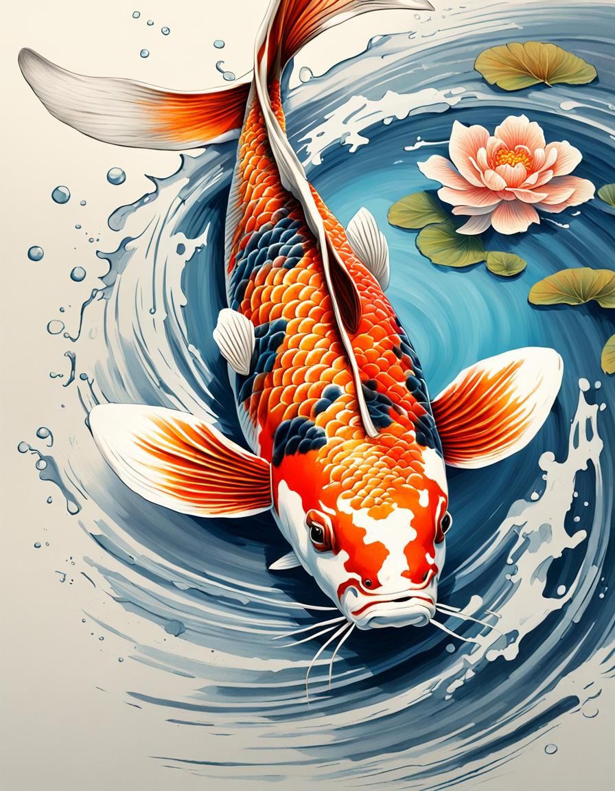 Detailed Koi in Japanese Woodblock Style