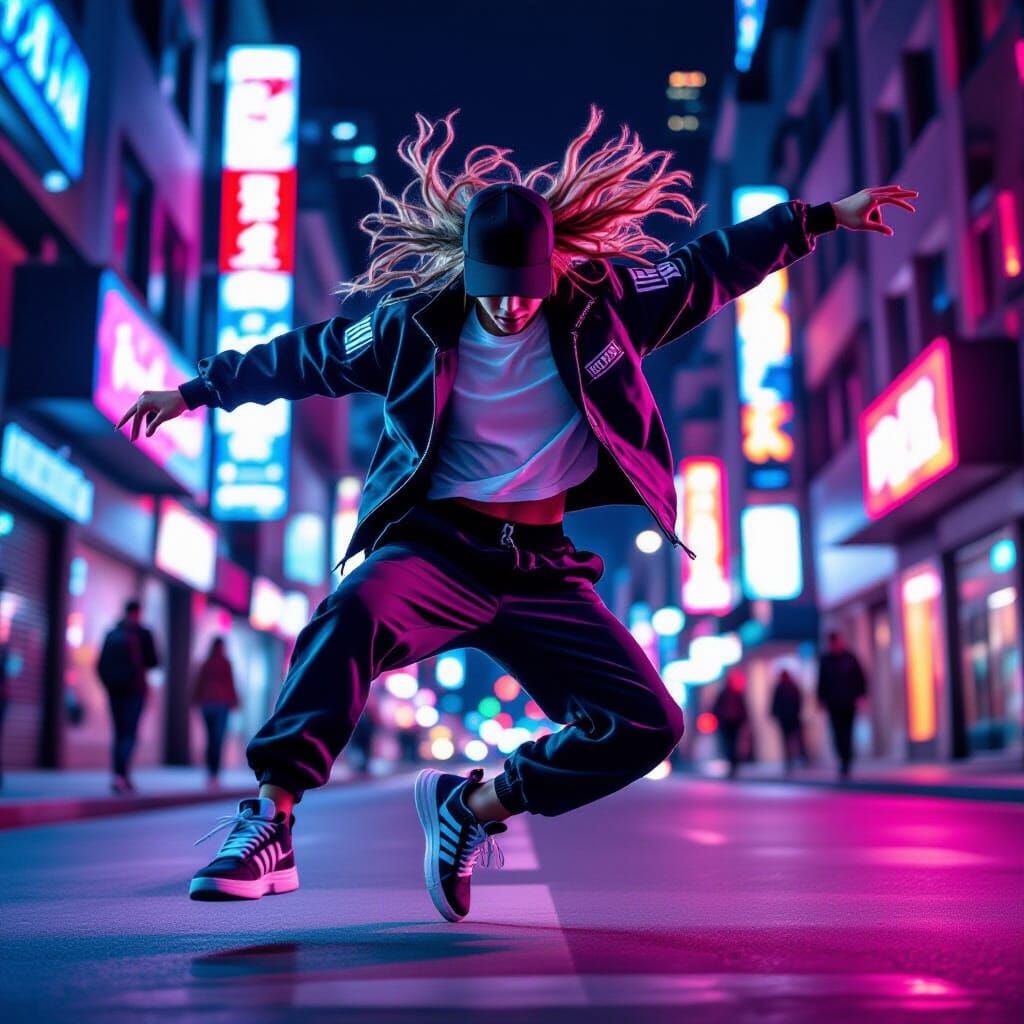 Explosive Hip-Hop Dancer on Neon Street at Night