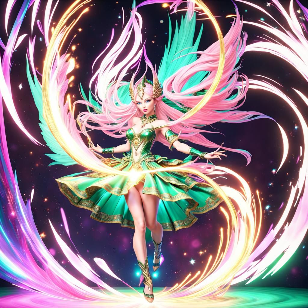 Goddess Channeling Emerald Green Arcane Power in 3D