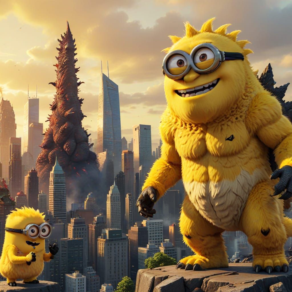 Minion and Godzilla Concept Art in Cartoon Style