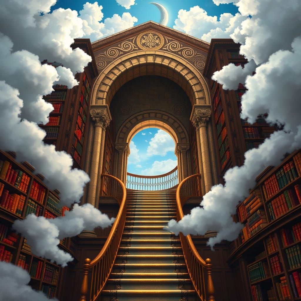Ethereal Library with Celtic-Inspired Staircase and Bookshel...