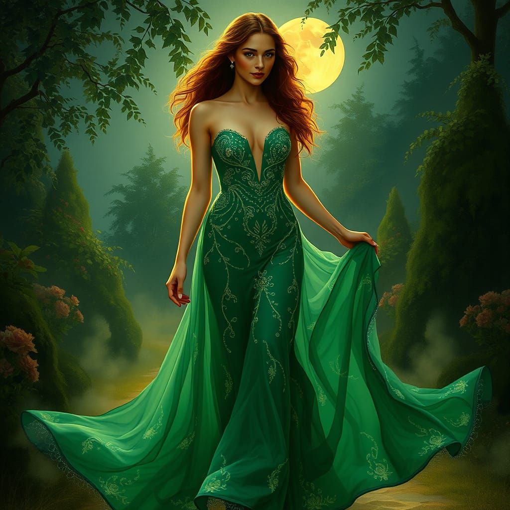Elegant Woman in Emerald Gown in Moonlit Garden