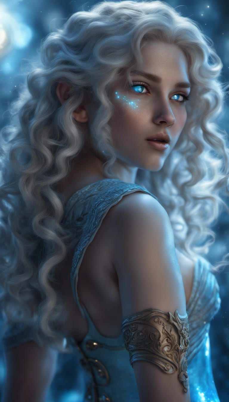 Astral Elf Goddess with White Hair, Dynamic Lighting