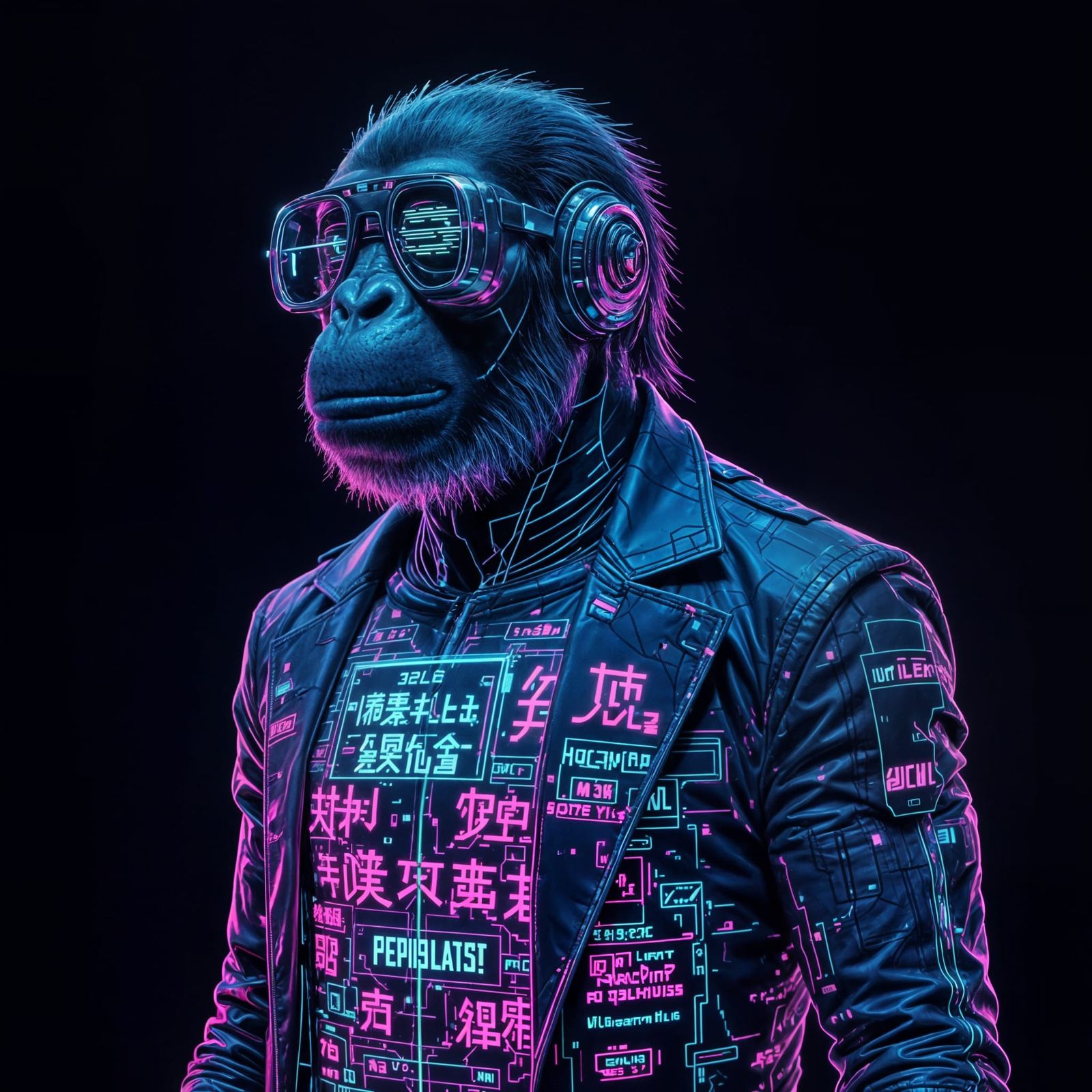 Holographic Ape in Pixelated Suit, Cyberpunk Style