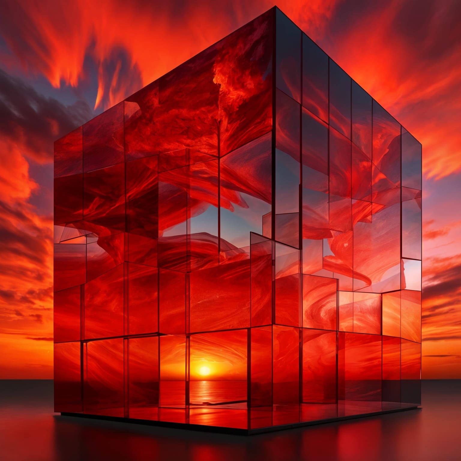Vibrant Sunset Scene in a Glass Cube