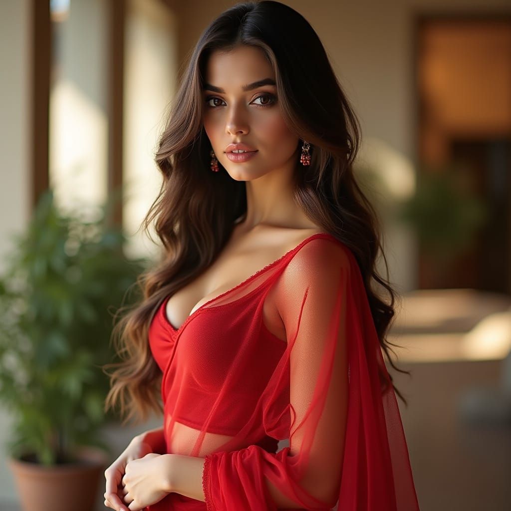 Elegant Woman in Red Saree: Photorealistic High-Fashion