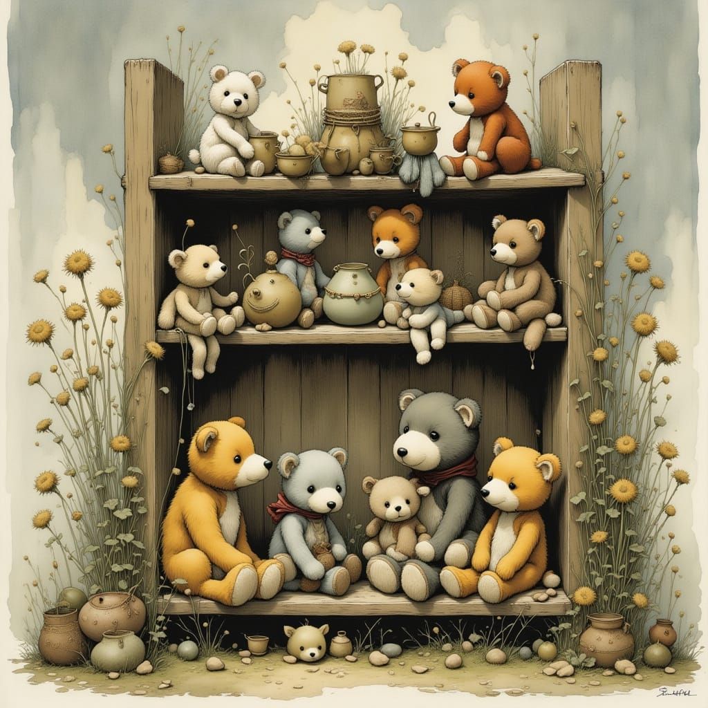 Detailed Shelf of Stuffed Animals