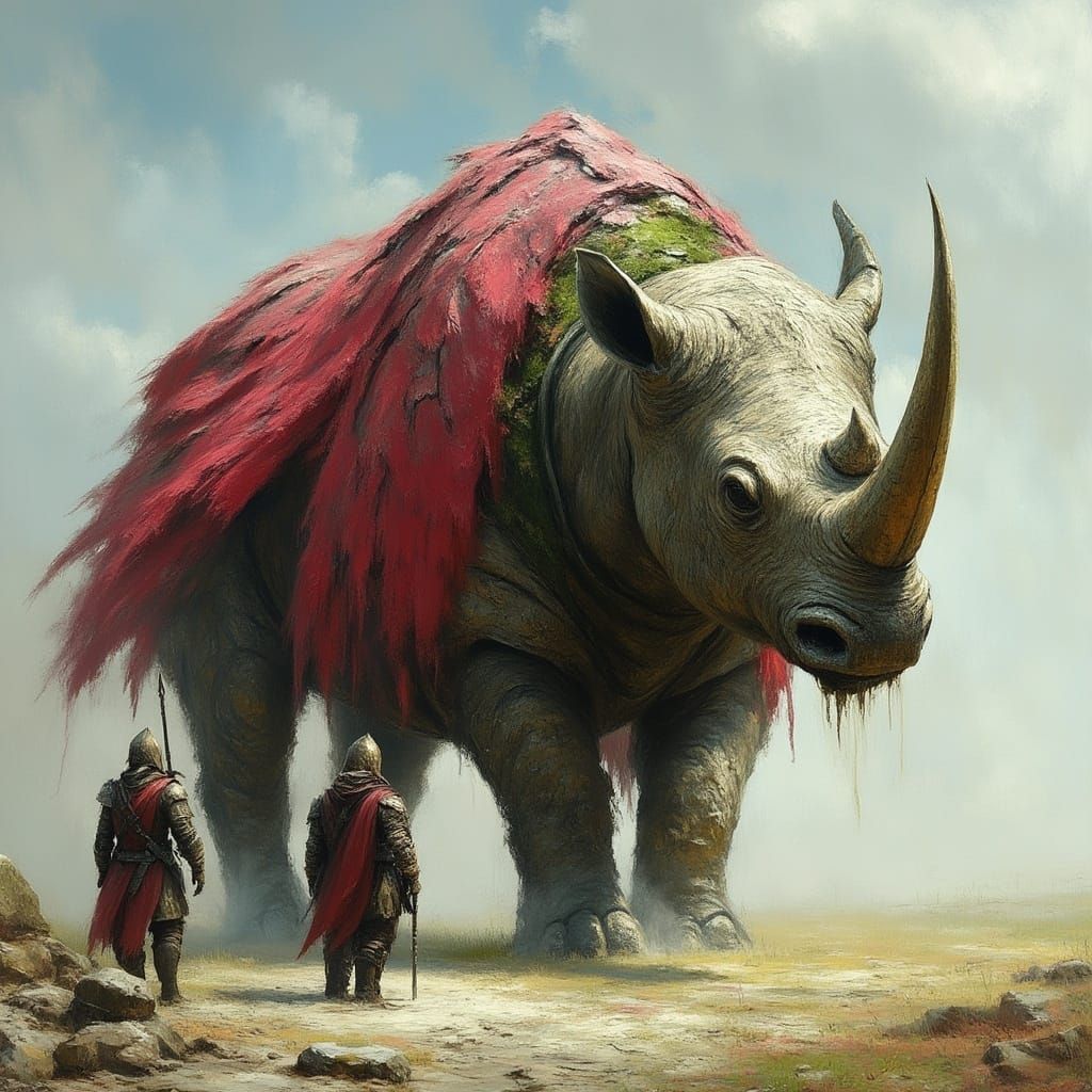 Armored Rhino-Bull Hybrid and Ancient Warrior, Impasto Style