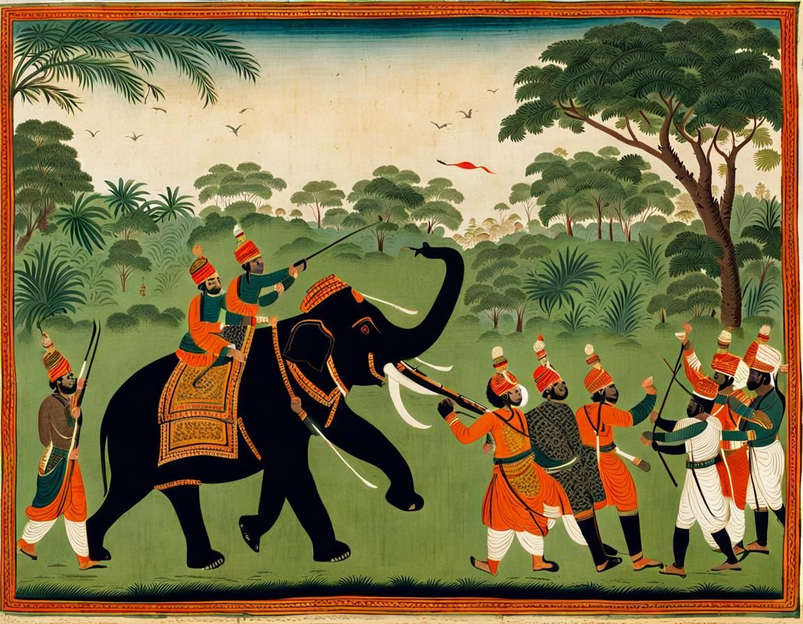 18th Century Tiger Hunt Illustration with Elephant