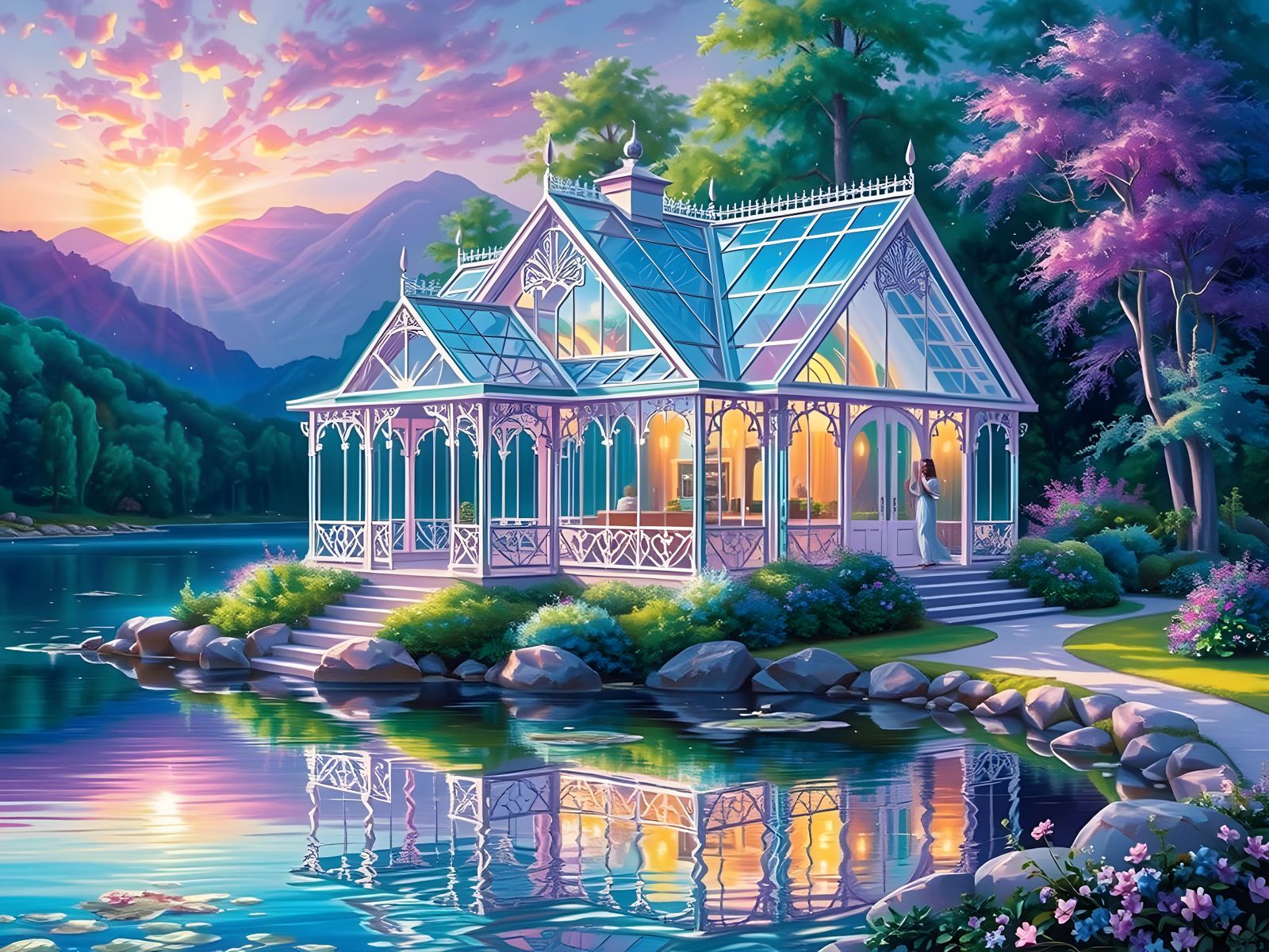 Glass Lake House in Razumov Style with Iridescent Ornament