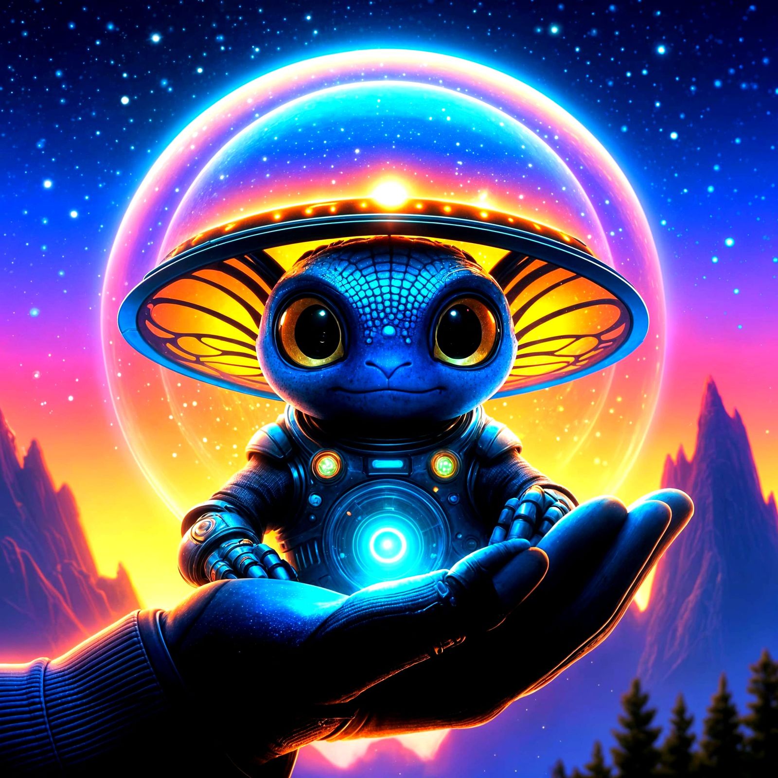 Whimsical Alien Companion in Dreamlike Settings