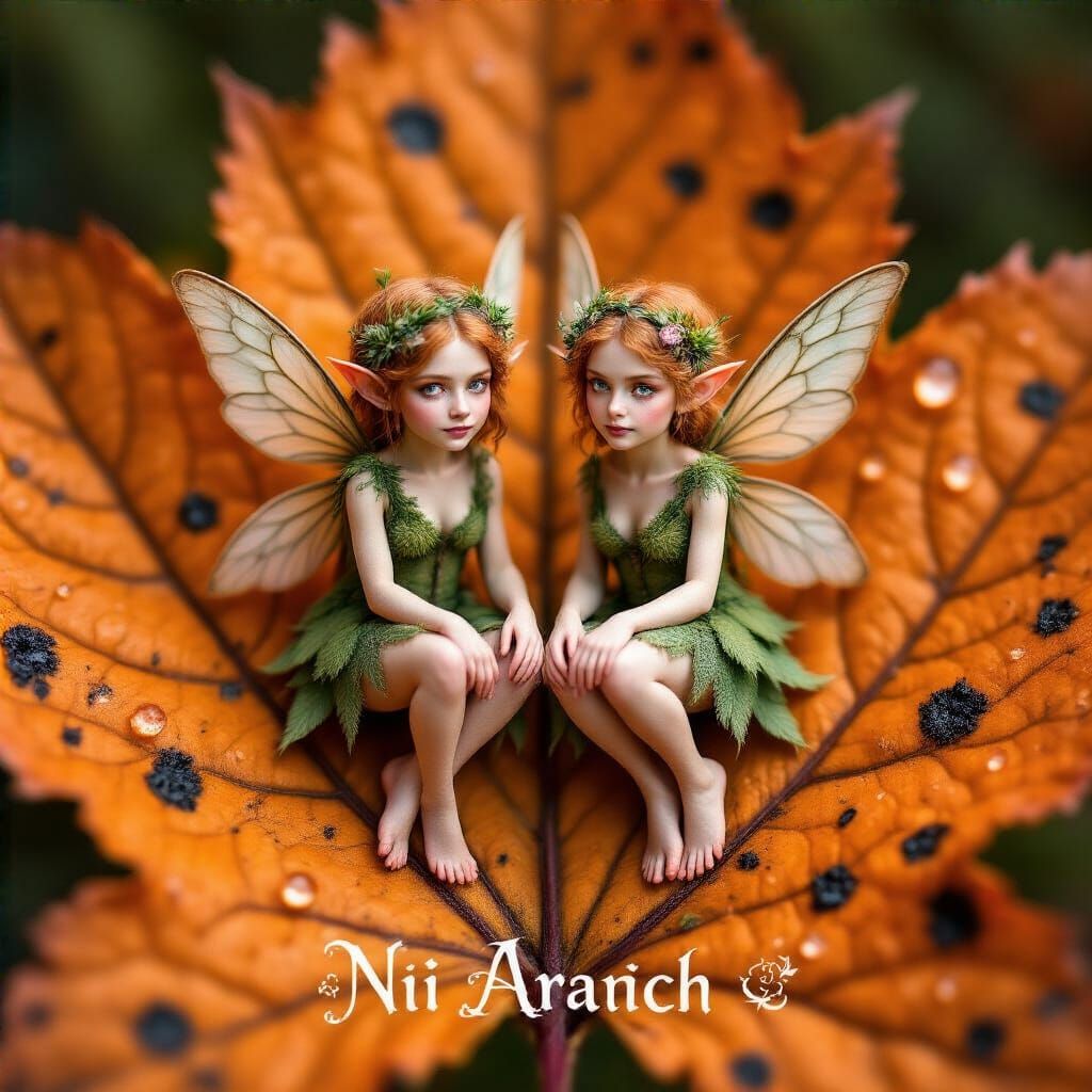 Pixie Couple Harvesting Berries on Autumn Leaf