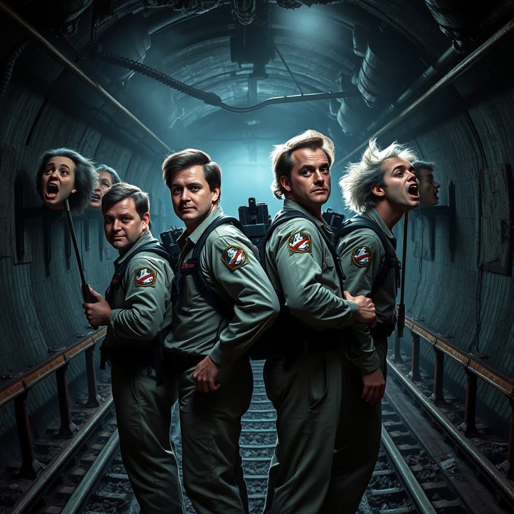 Ghostbusters in Dark Underground Railway Tunnel