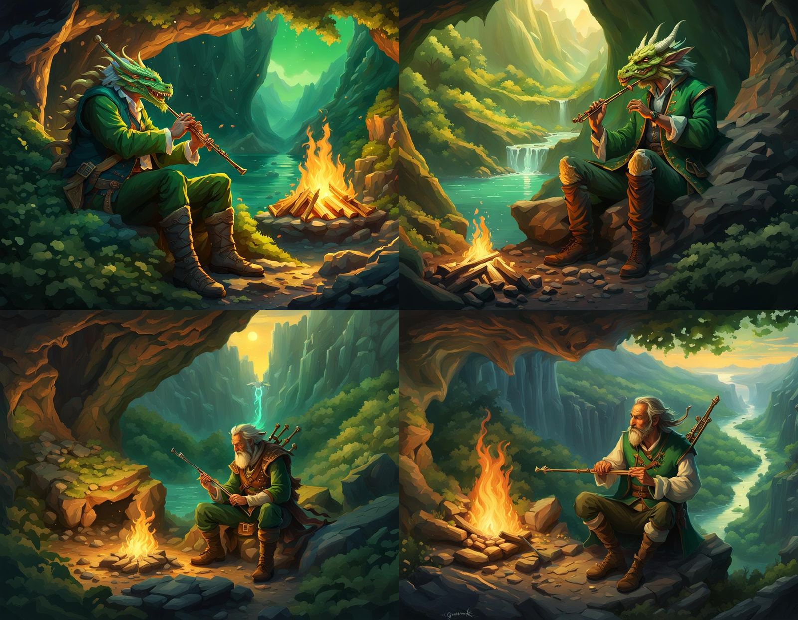 Bard and Dragon Campfire Scene in Dark Fantasy Style