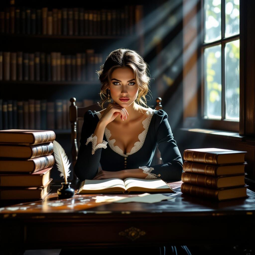 Serene Woman with Books in Moody, Photorealistic Style