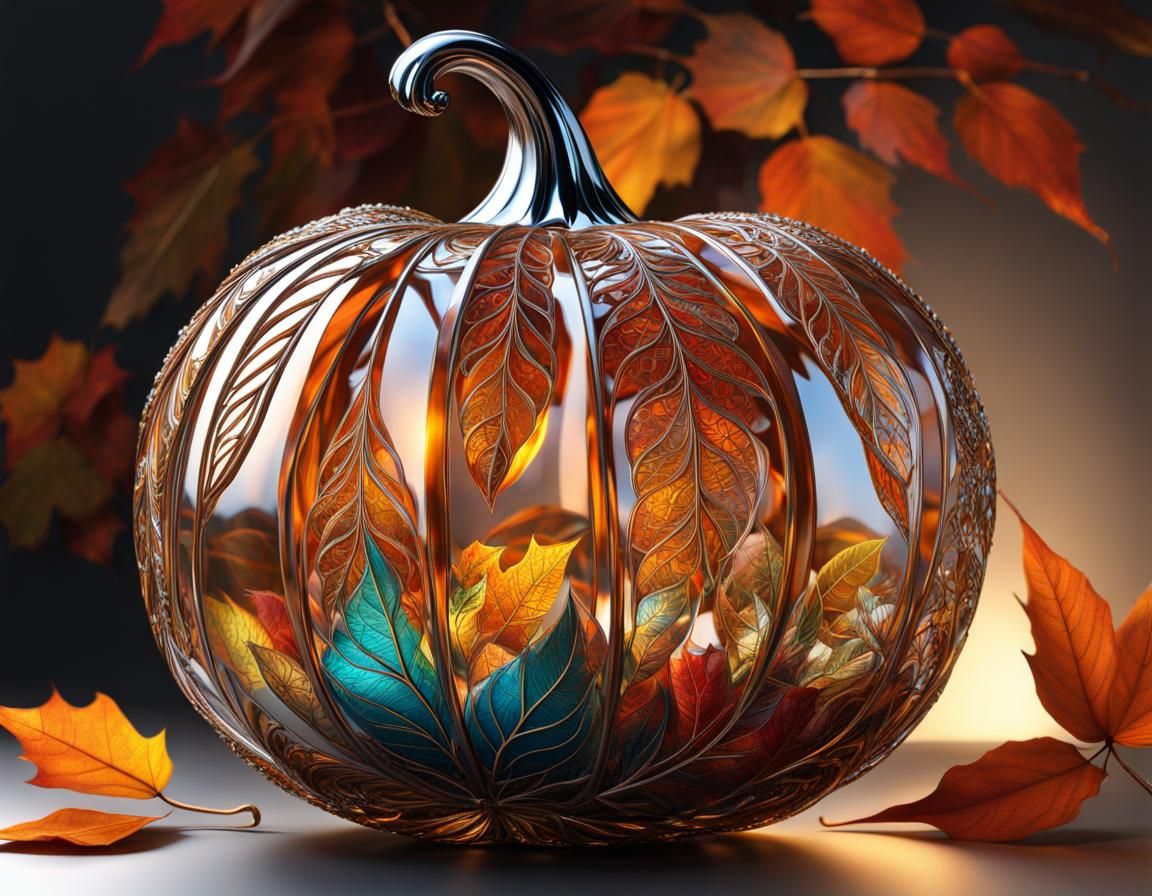 Detailed Glass Pumpkin with Autumnal Filigree