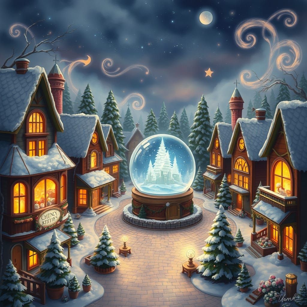 Whimsical Town Square with Glowing Snow Globes