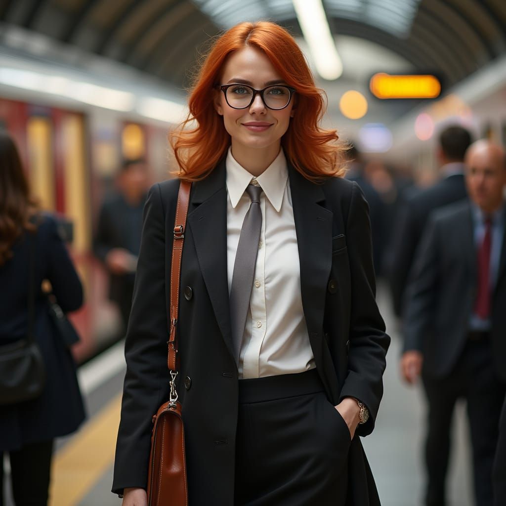 Hyperrealistic Photo of Red-Haired Woman in London Station