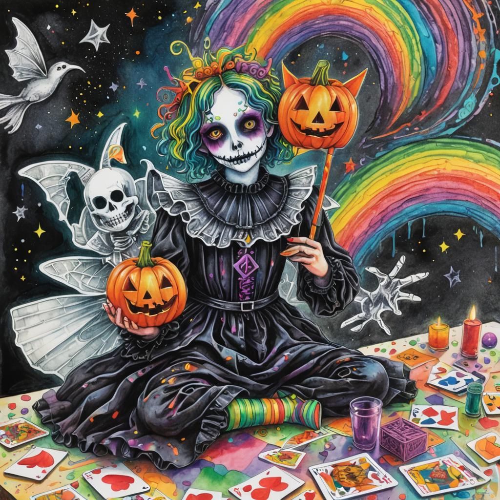 Surreal Halloween Crayon Drawing with Rainbow Fairy