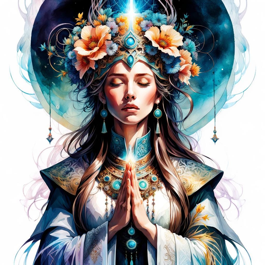 Fantasy Cleric Praying: Stylized Watercolor Art