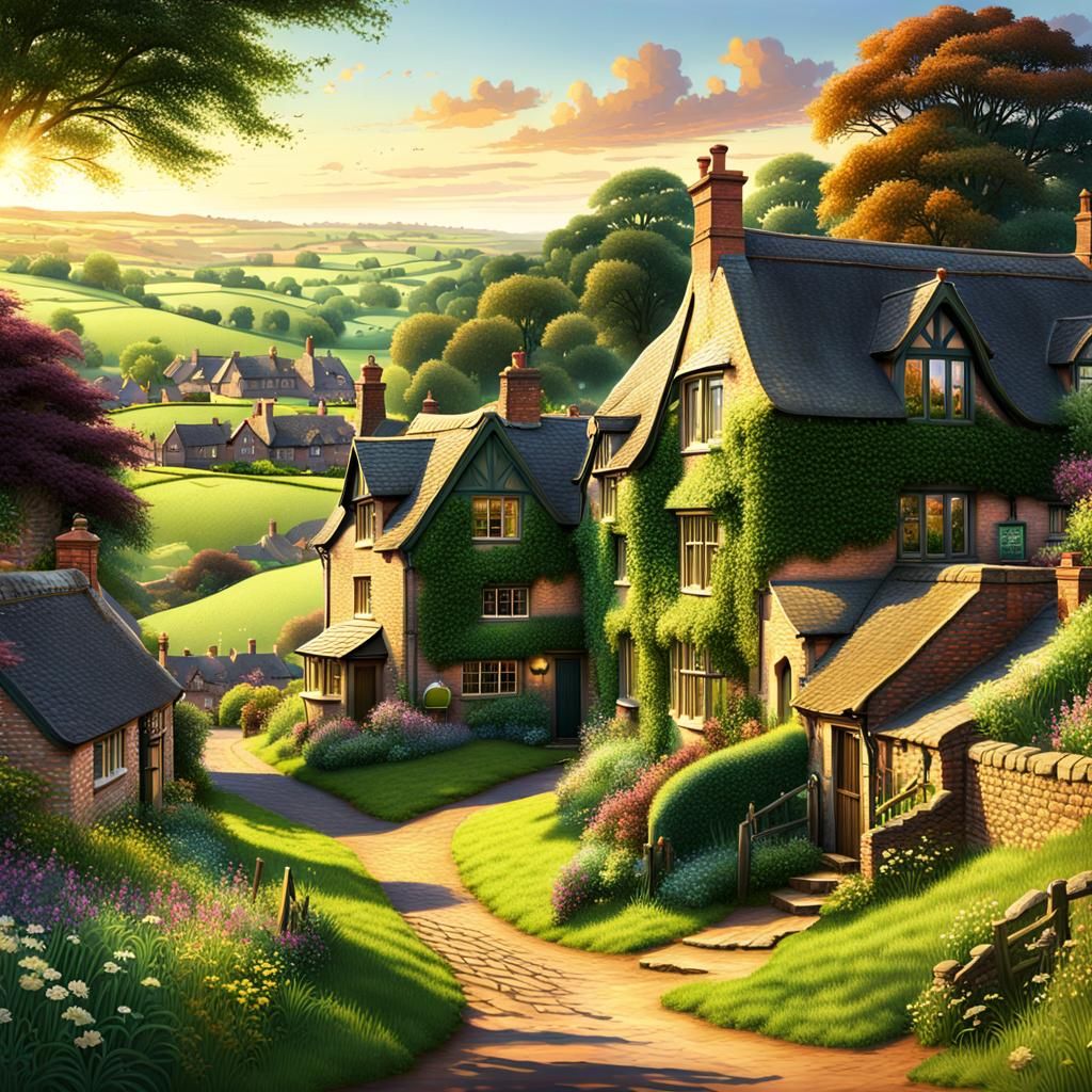 Picturesque Sunset Over English Village Landscape